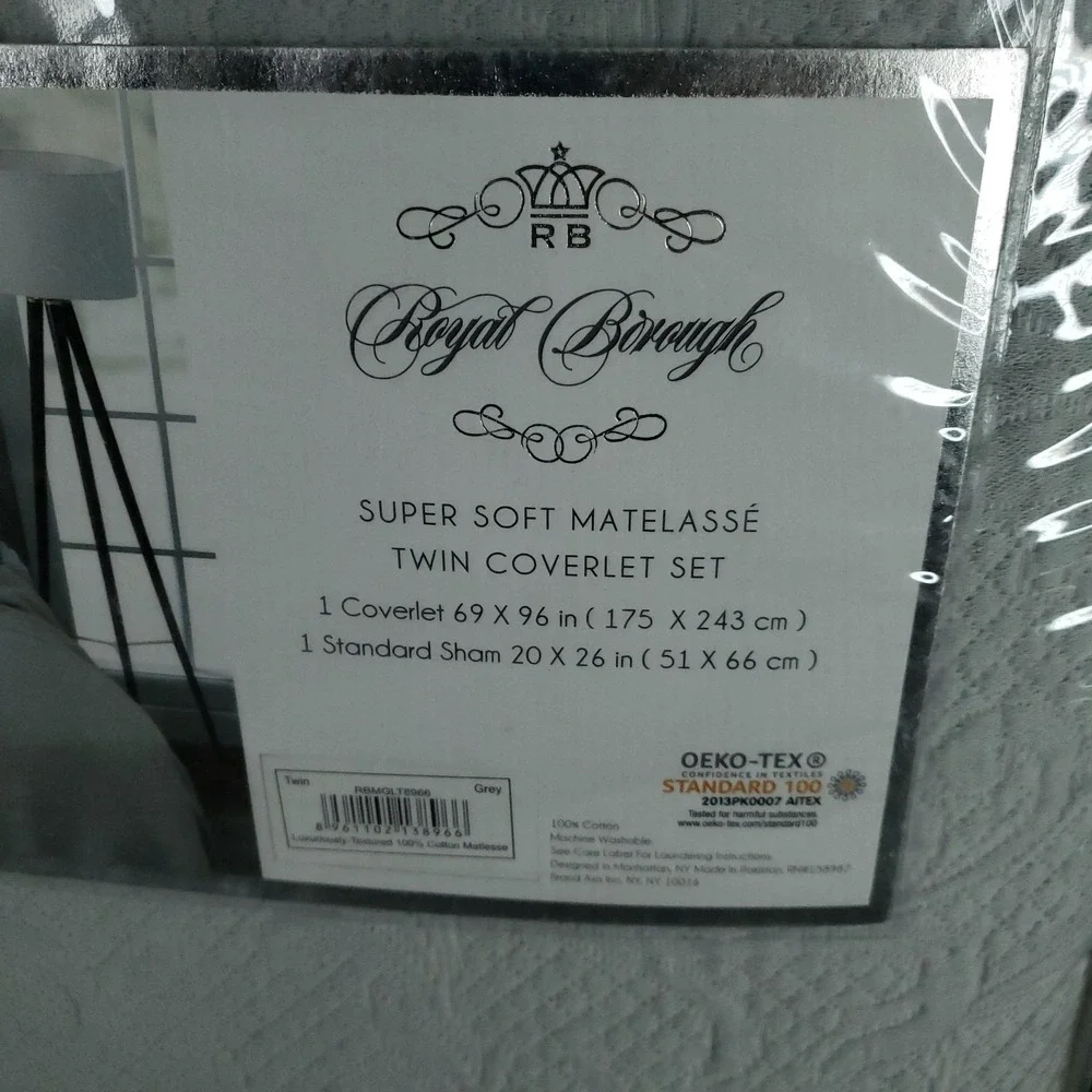 Royal Borough Twin Coverlet Set 2-Piece Matelasse 100% Cotton Grey Oeko-Tex‎